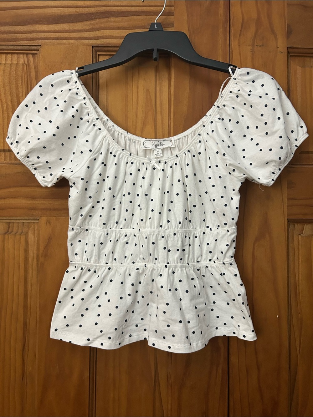 NWT Hippie Rose—White Polka Dot Puff Sleeve Peplum Top